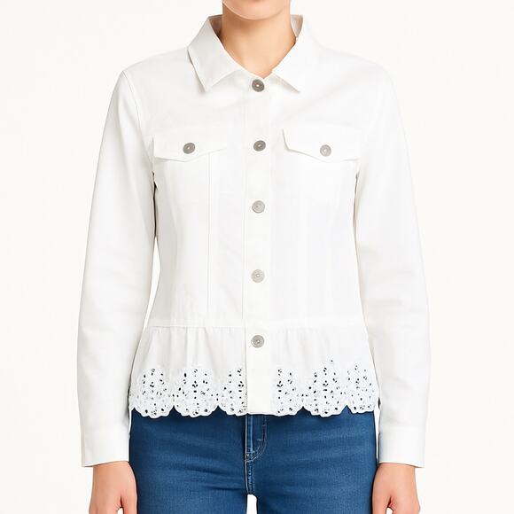 Susan Graver White Peplum Denim Jacket XL Eyelet Lace Hem Stretch Cotton - Picture 1 of 12